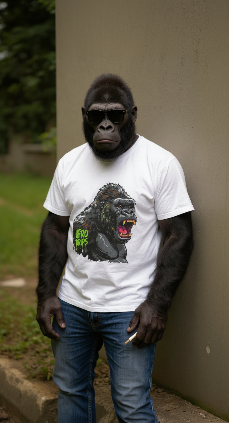 Gorilla Graphic T-Shirt: Afro Drips, Fun Apparel, Unisex Wear, Gift for Animal Lovers, Unique Fashion, Streetwear Style