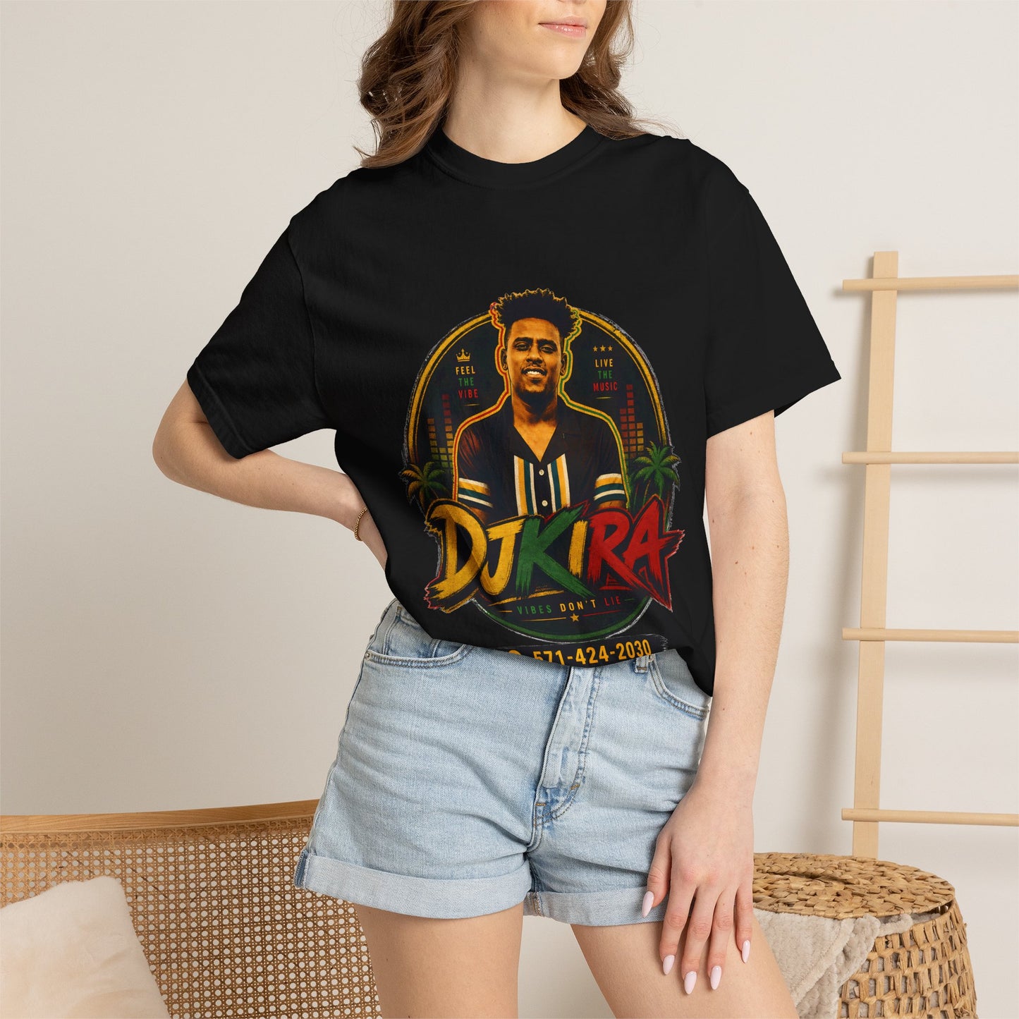DJ Kira Graphic T-Shirt — Retro Miami DJ Tee with Logo & Contact
