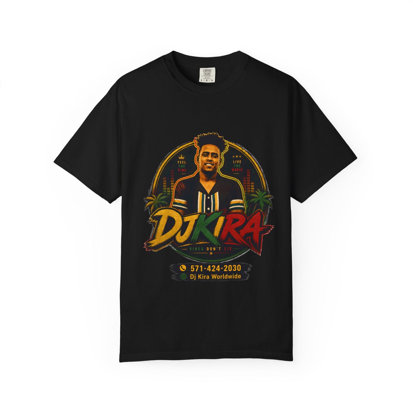 DJ Kira Graphic T-Shirt — Retro Miami DJ Tee with Logo & Contact