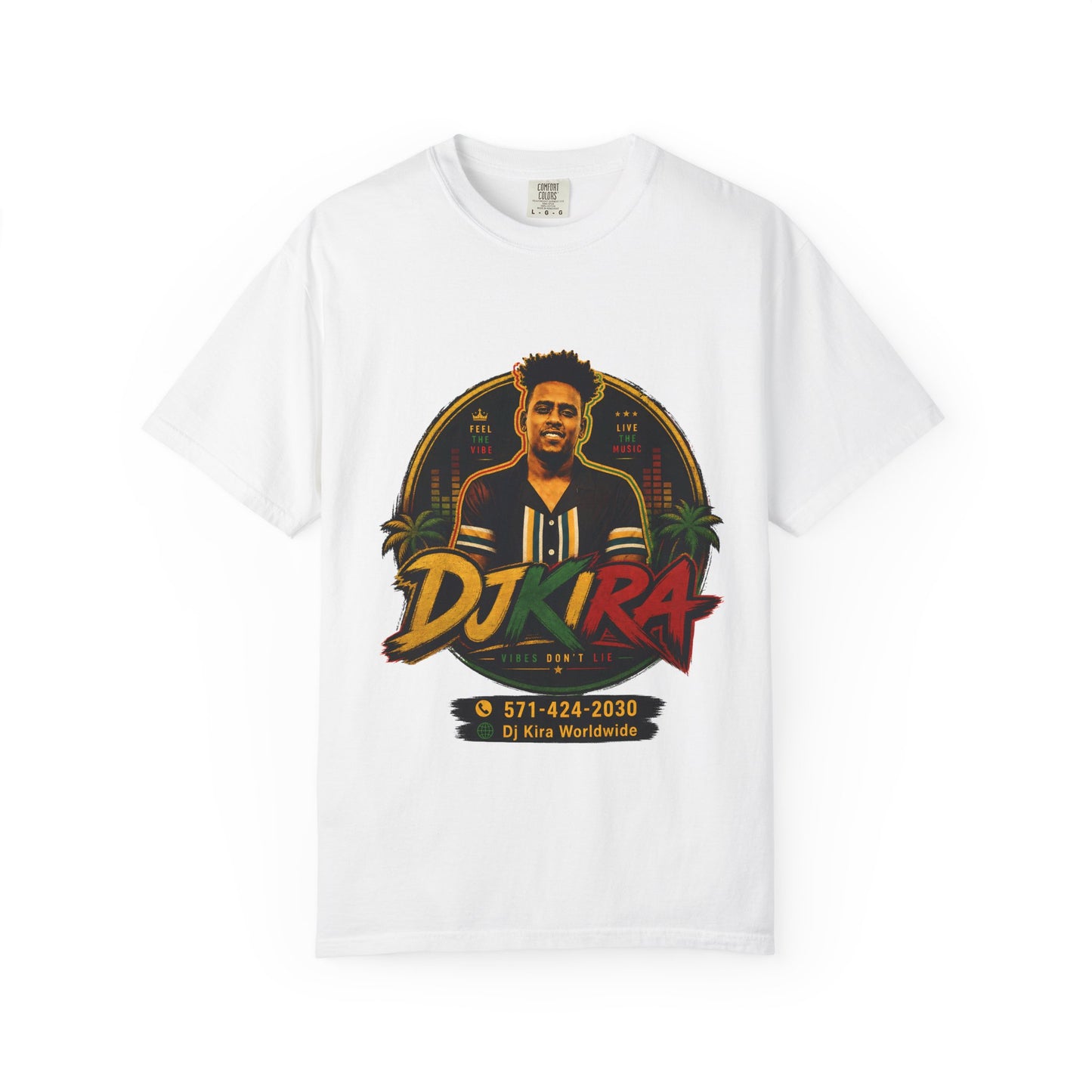 DJ Kira Graphic T-Shirt — Retro Miami DJ Tee with Logo & Contact