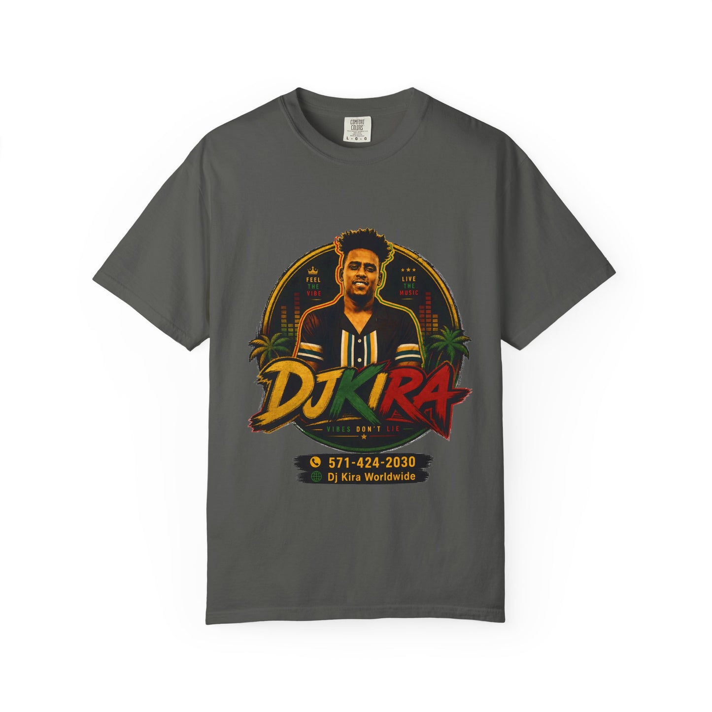 DJ Kira Graphic T-Shirt — Retro Miami DJ Tee with Logo & Contact