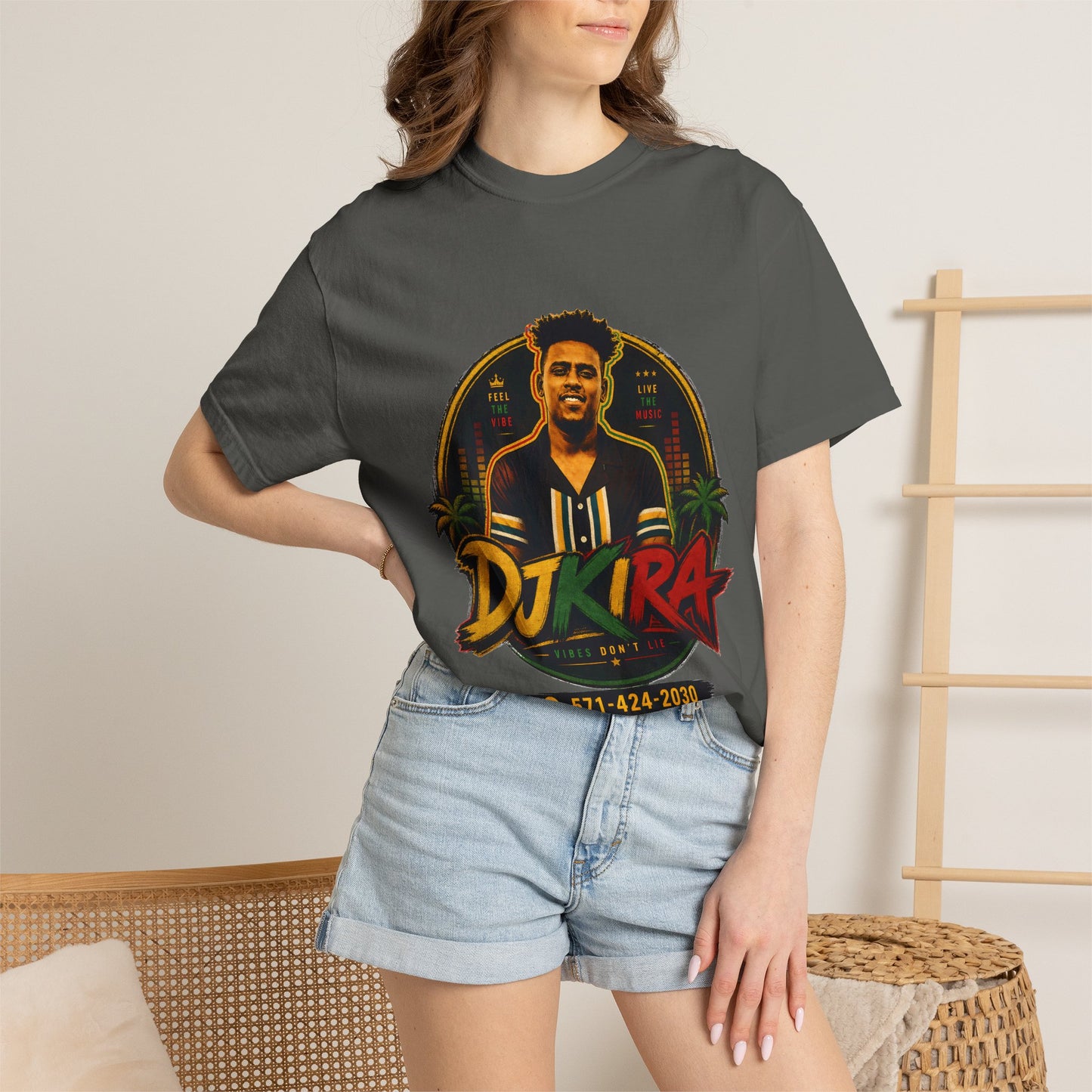 DJ Kira Graphic T-Shirt — Retro Miami DJ Tee with Logo & Contact