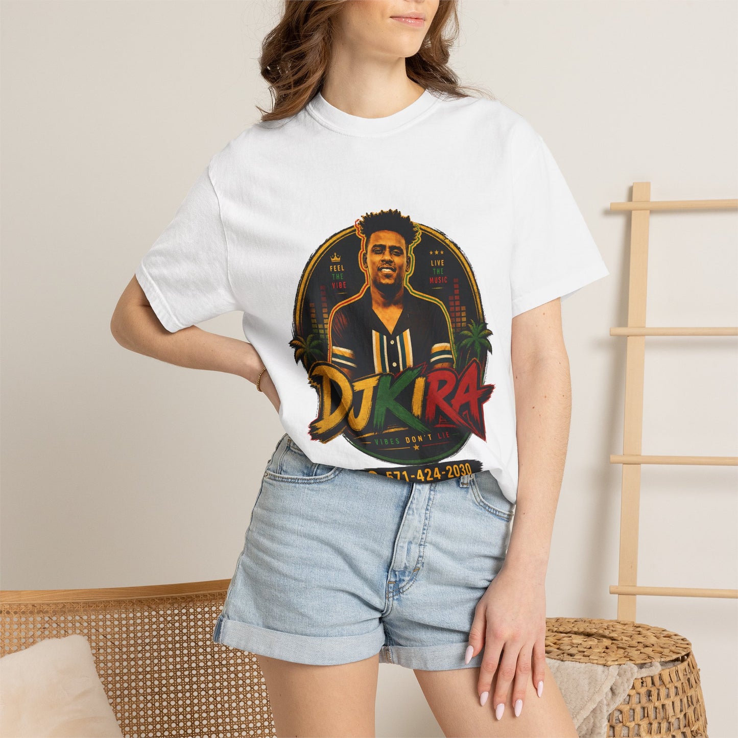 DJ Kira Graphic T-Shirt — Retro Miami DJ Tee with Logo & Contact
