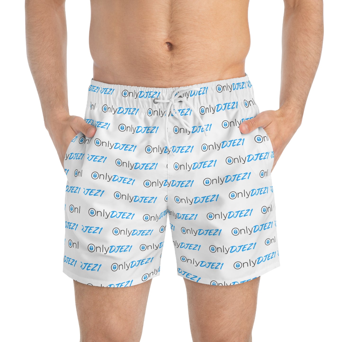 DJEZ1 Swim Trunks — All-Over Logo Print